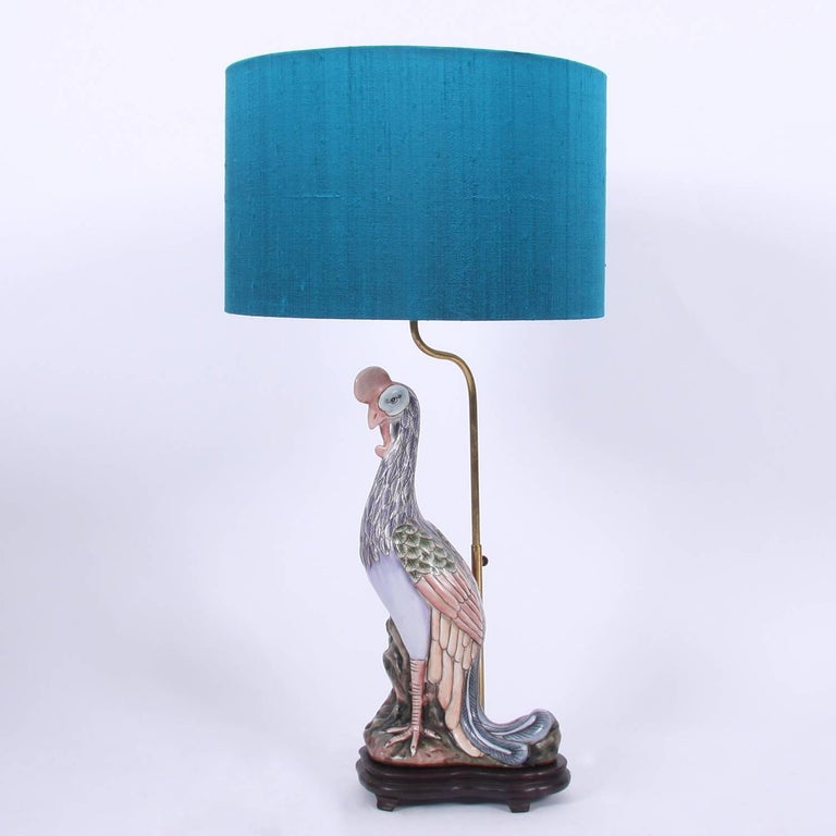 Mid-20th Century Pair of French Blue Ceramic Exotic Bird Lamps at 1stDibs