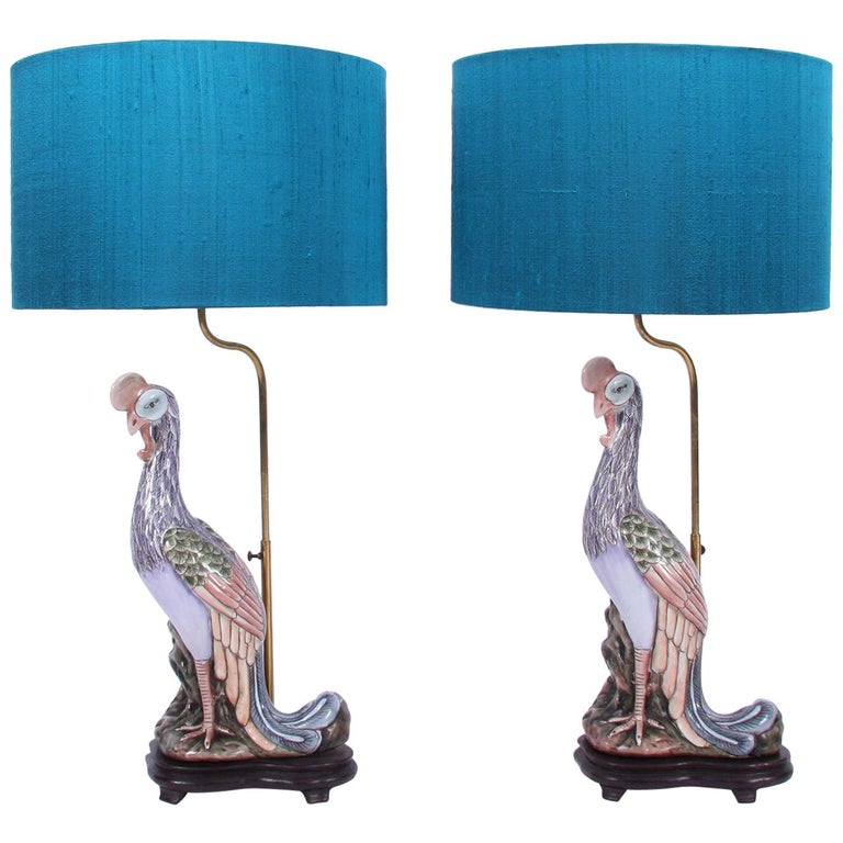 Mid20th Century Pair of French Blue Ceramic Exotic Bird Lamps at 1stDibs