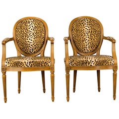 Vintage Mid-20th Century Pair of French Open Armchairs, Louis XVI Taste, Leopard Skin