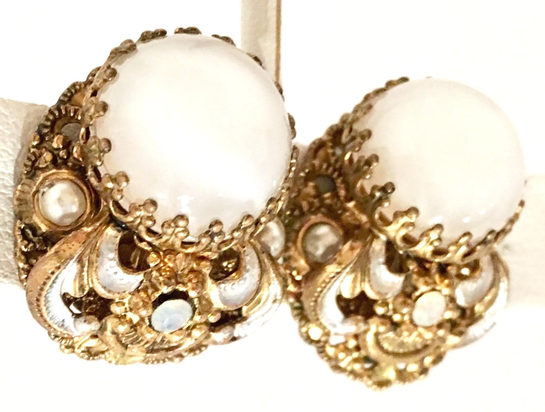 Women's or Men's Mid-20th Century Pair Of German Vermeil & Molded Glass Earrings-Signed