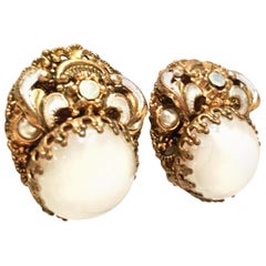 Mid-20th Century Pair Of German Vermeil & Molded Glass Earrings-Signed