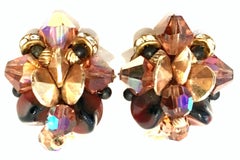 Mid-20th Century Pair Of Gold & Amber Austrian Crystal Bead "Cluster" Earrings