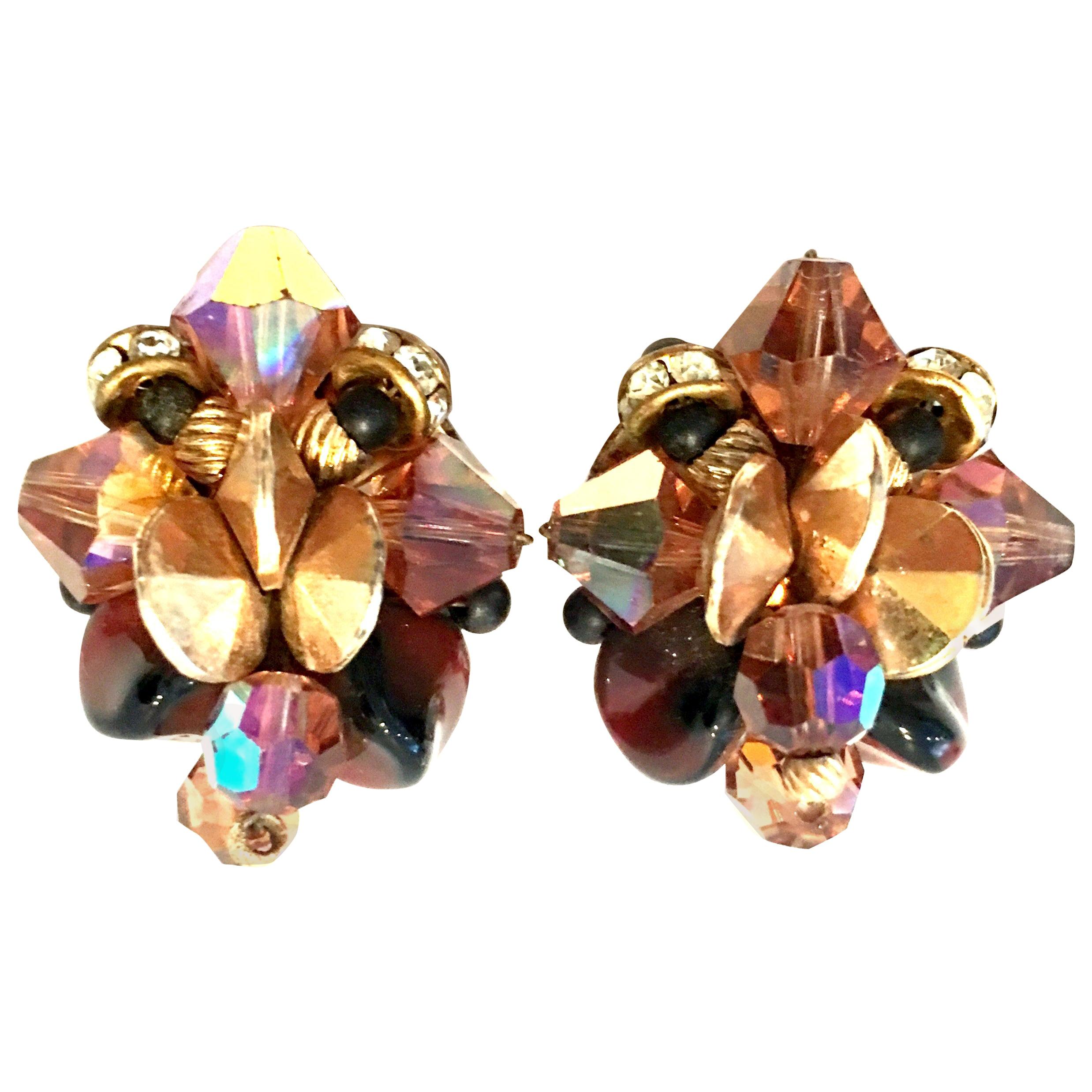 Mid-20th Century Pair Of Gold & Amber Austrian Crystal Bead "Cluster" Earrings For Sale
