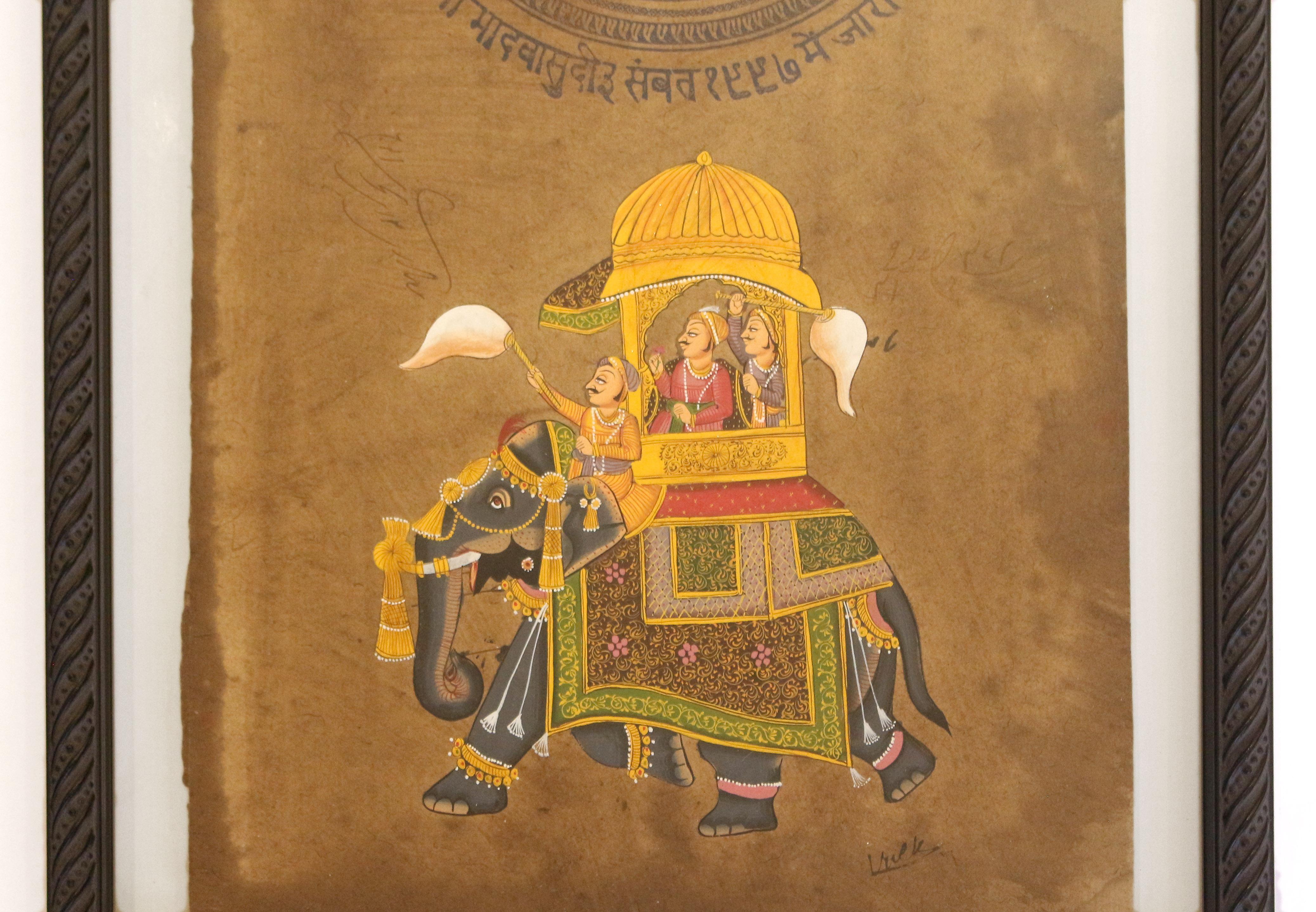 Hand-Painted Mid-20th Century Pair of Indian Paintings on Raj Period Court Documents