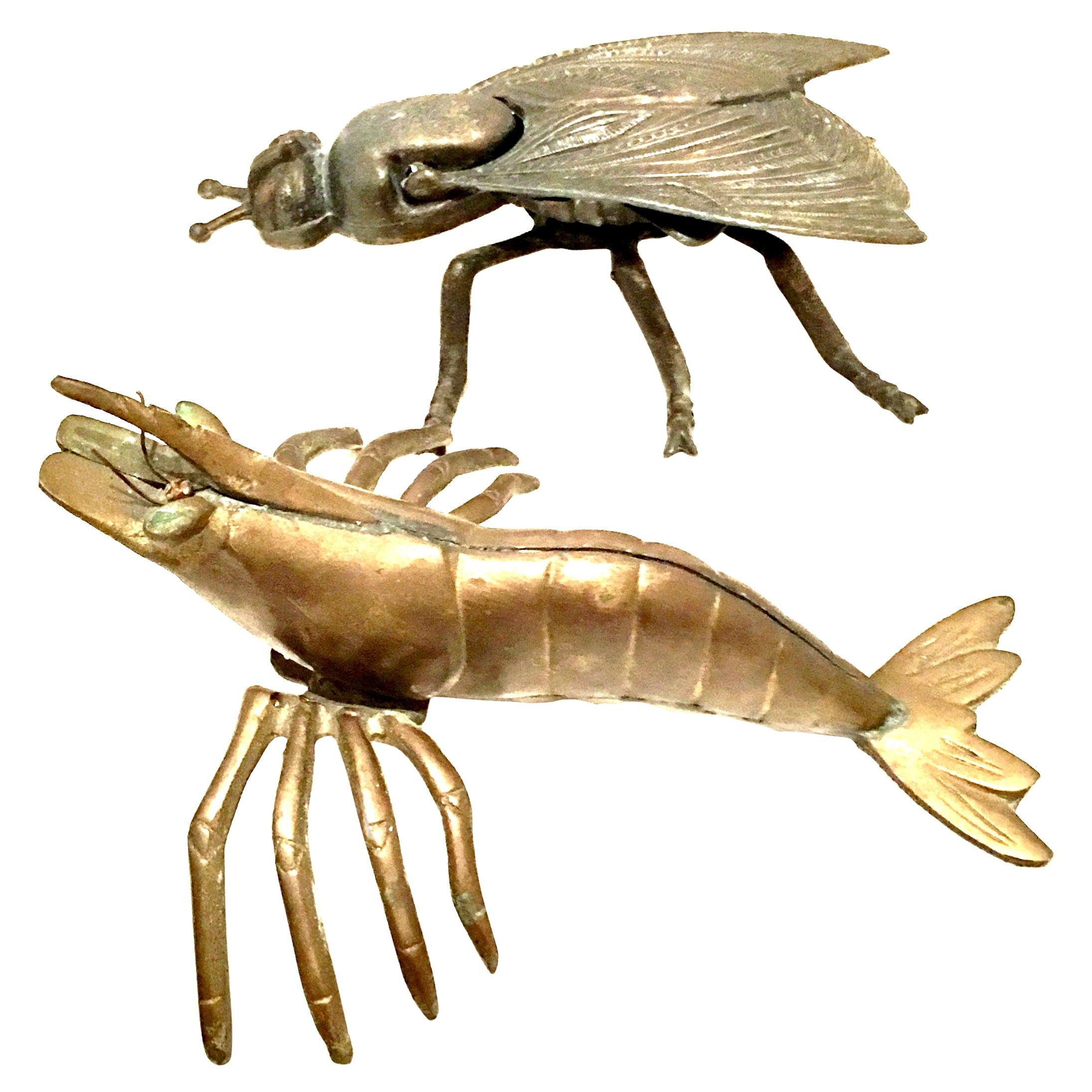 Mid-20th Century Pair of Iron & Brass Figural Fly & Shrimp Sculpture and Box For Sale