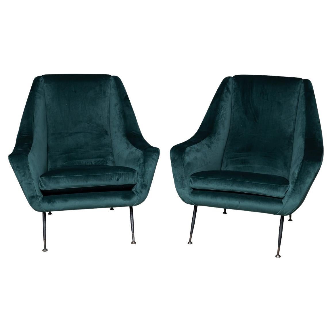 Mid 20th Century Pair Of Italian Green Velvet & Brass Armchairs c.1950