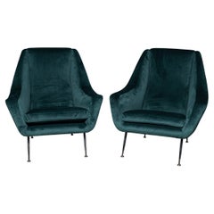 Mid 20th Century Pair Of Italian Green Velvet & Brass Armchairs c.1950
