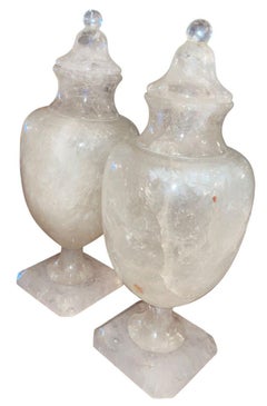 Mid 20th Century Pair of Italian Rock Crystal Lidded Urns