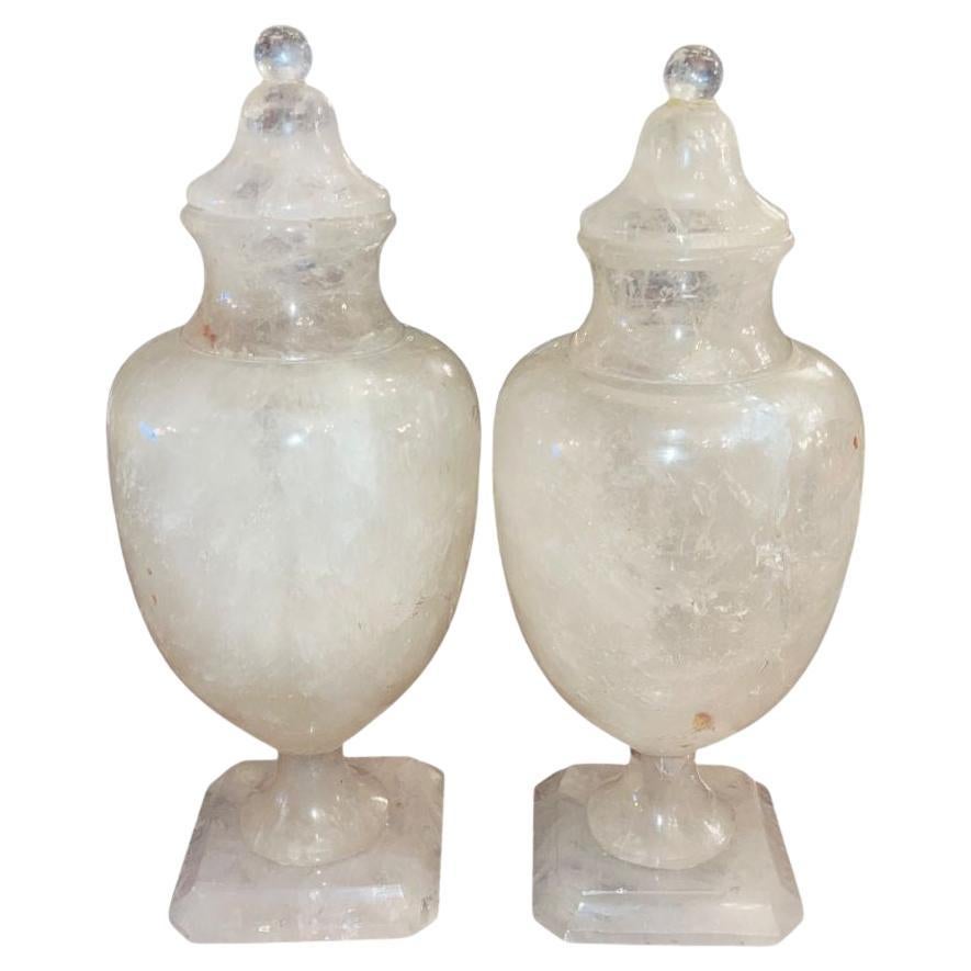 Mid 20th Century Pair of Italian Rock Crystal Lidded Urns For Sale