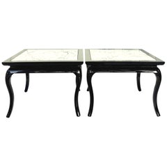 Mid-20th Century Pair of Lacquered and Marble-Top Hollywood Regency Side Tables