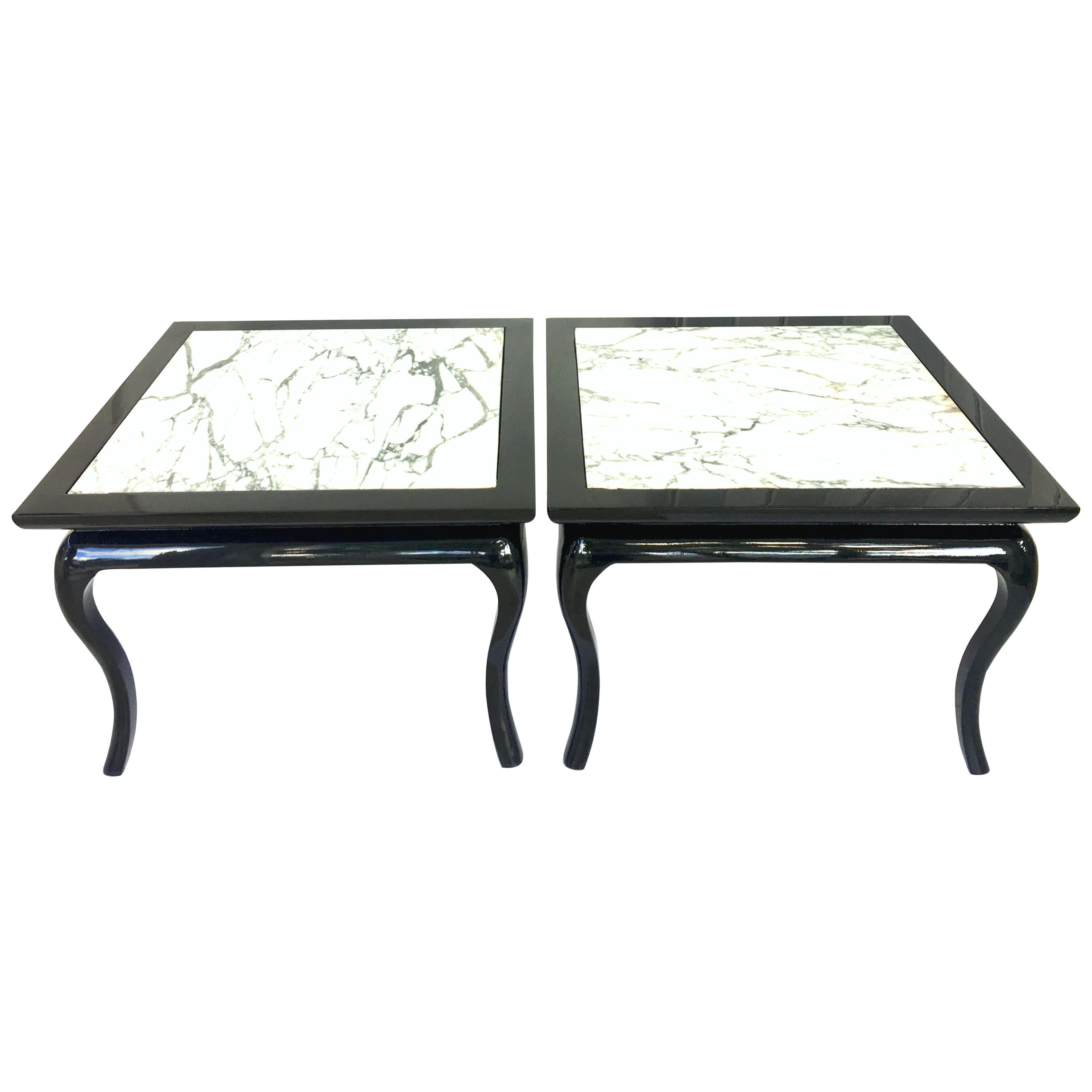 Mid-20th Century Pair of Lacquered and Marble-Top Hollywood Regency Side Tables For Sale