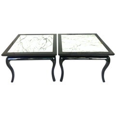 Mid-20th Century Pair of Lacquered and Marble-Top Hollywood Regency Side Tables