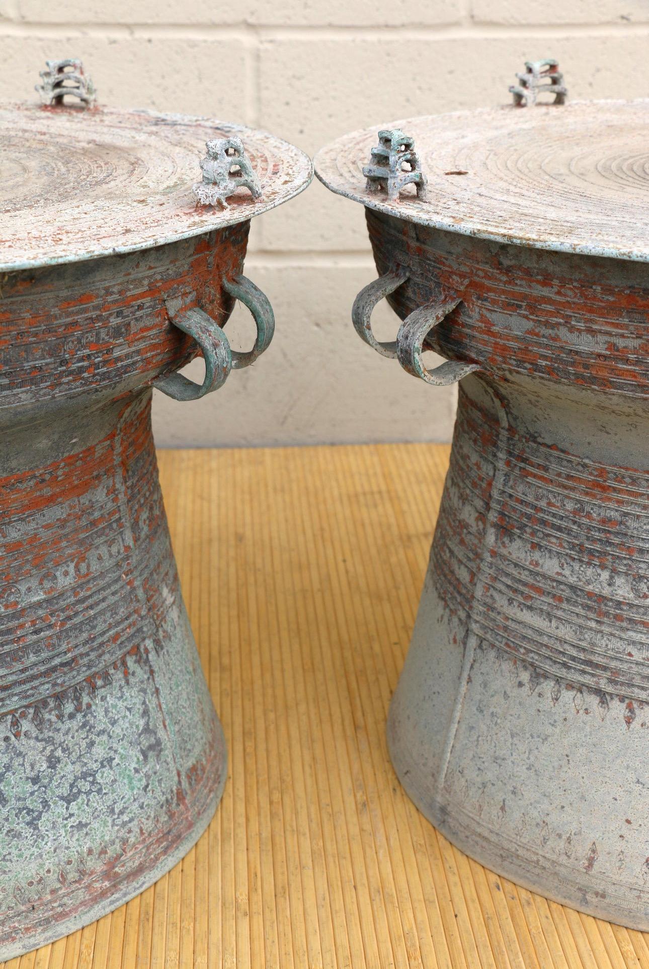 Mid-20th Century Pair of Large Southeast Asian Rain Drum Side Tables In Good Condition For Sale In North Hollywood, CA