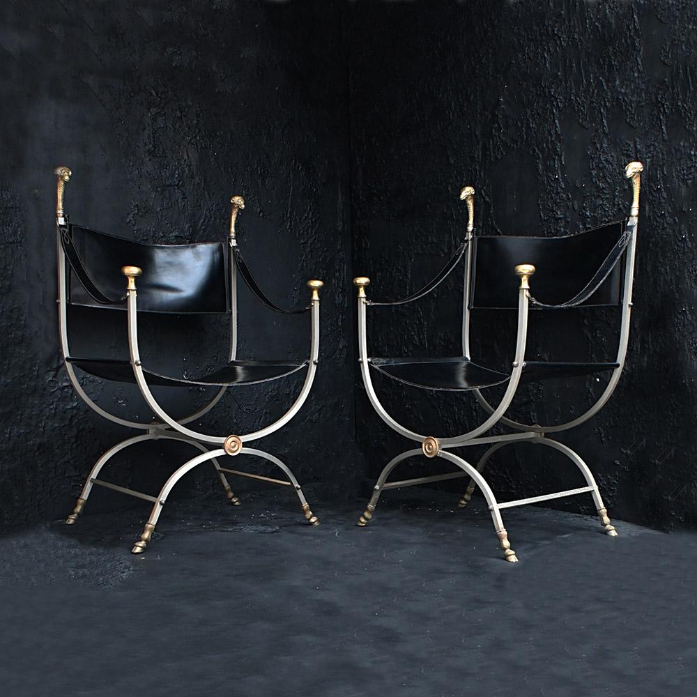 Mid-Century Modern Mid-20th Century Pair of Maison Jansen Steel and Brass Savonarola Chairs
