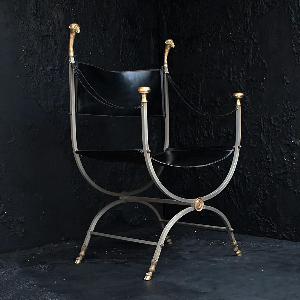 Hand-Crafted Mid-20th Century Pair of Maison Jansen Steel and Brass Savonarola Chairs
