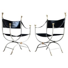 Mid-20th Century Pair of Maison Jansen Steel and Brass Savonarola Chairs