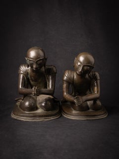 Mid-20th century Pair of old bronze Burmese Monk statues in Namaskara Mudra