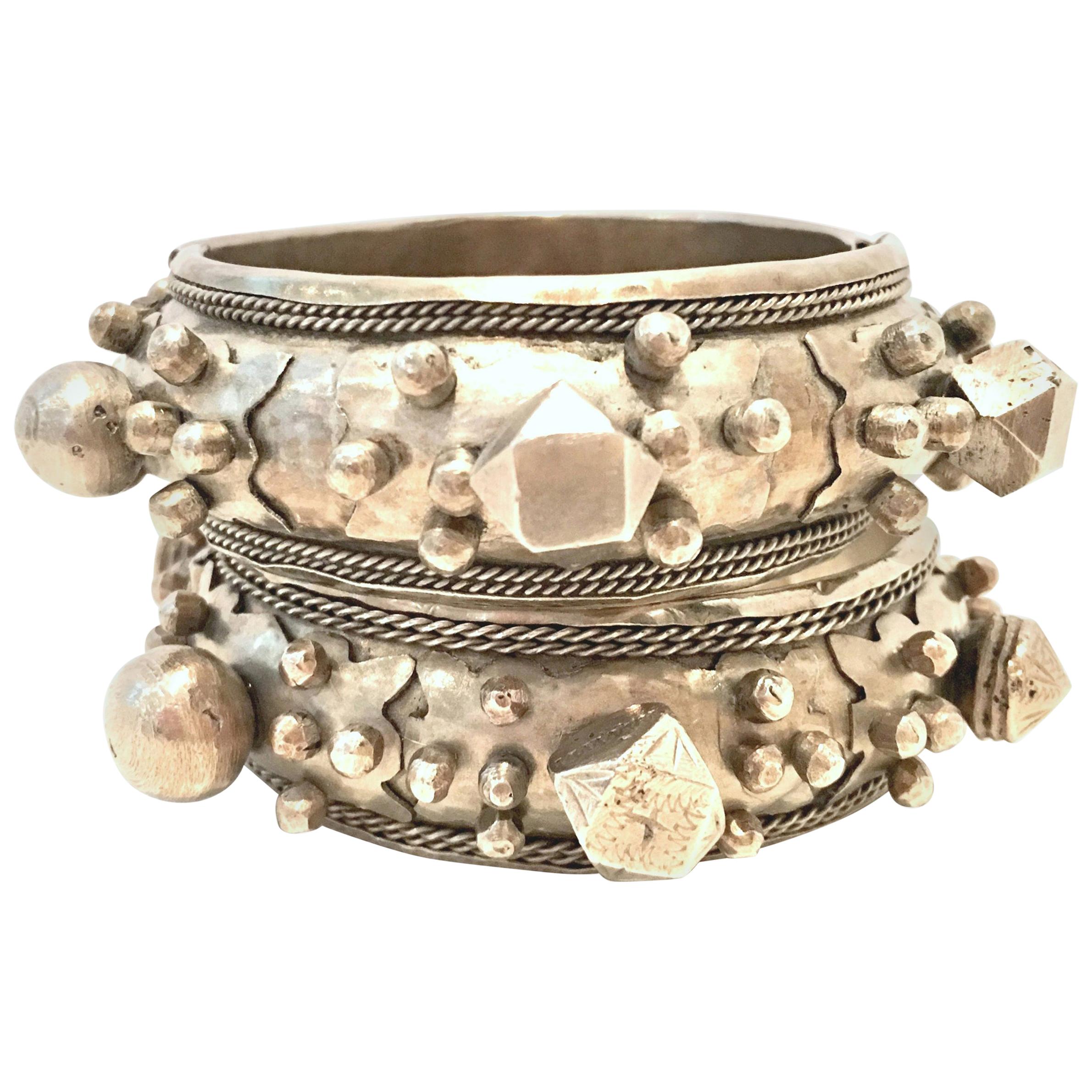 Mid-20th Century Pair Of Old Silver Rajasthan Tribal Style Clamper Bracelet 
s