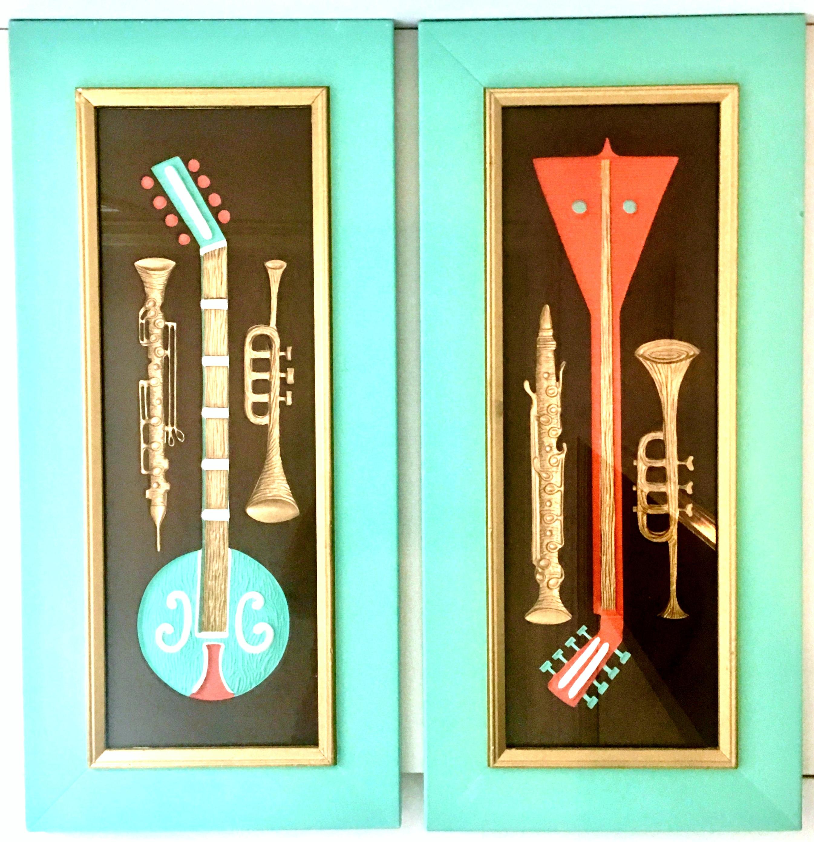 Mid-20th century pair of original handcrafted musical instrument painting by, Turner. This rare and coveted complimentary pair of handcrafted paintings feature a recessed and raised abstract musical instrument motif. Executed in metallic gold,