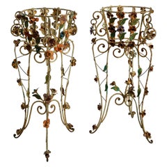 Mid 20th Century Pair of Polychrome Painted Iron Jardinière Stands