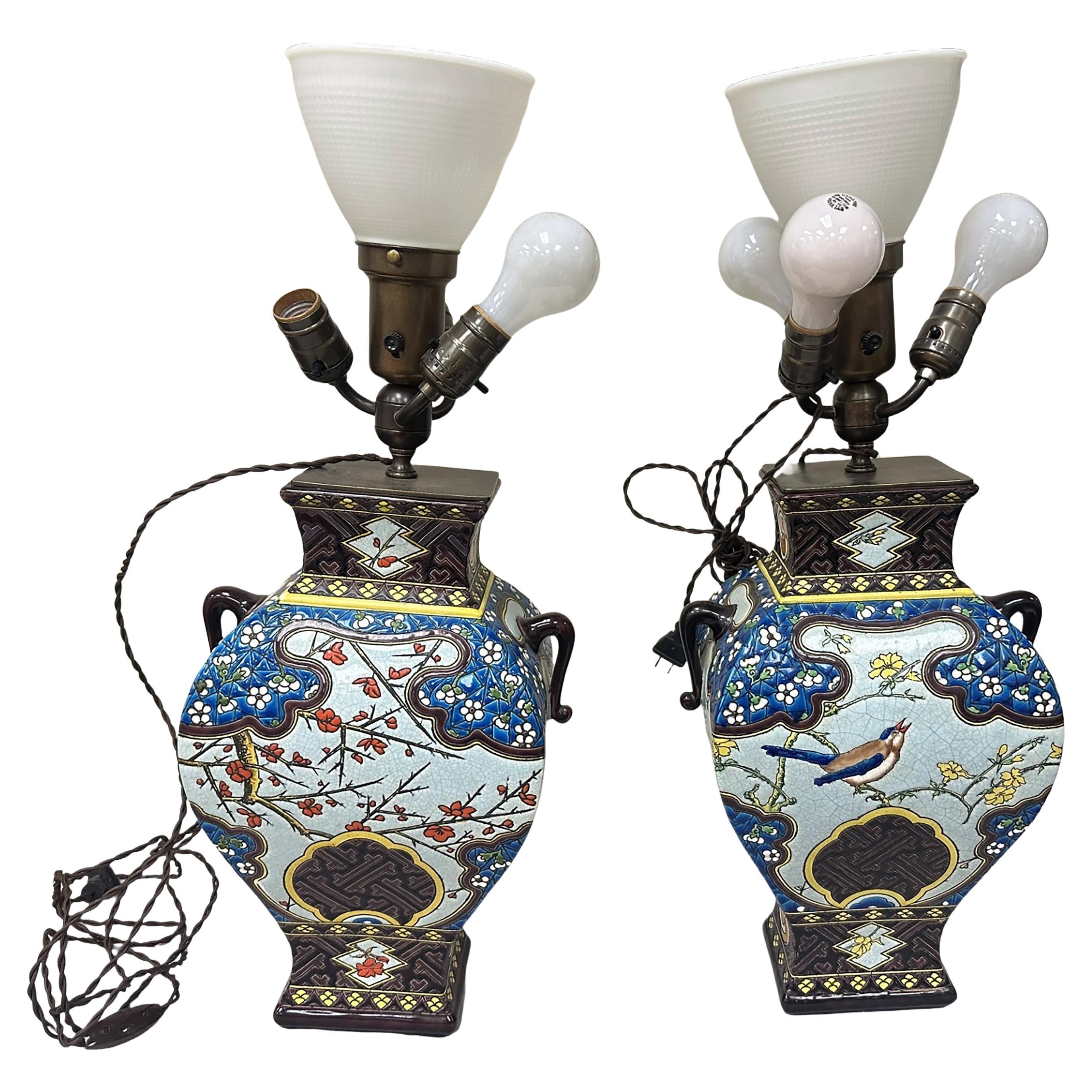 Mid 20th Century Pair of Polychrome Porcelain Lamps
