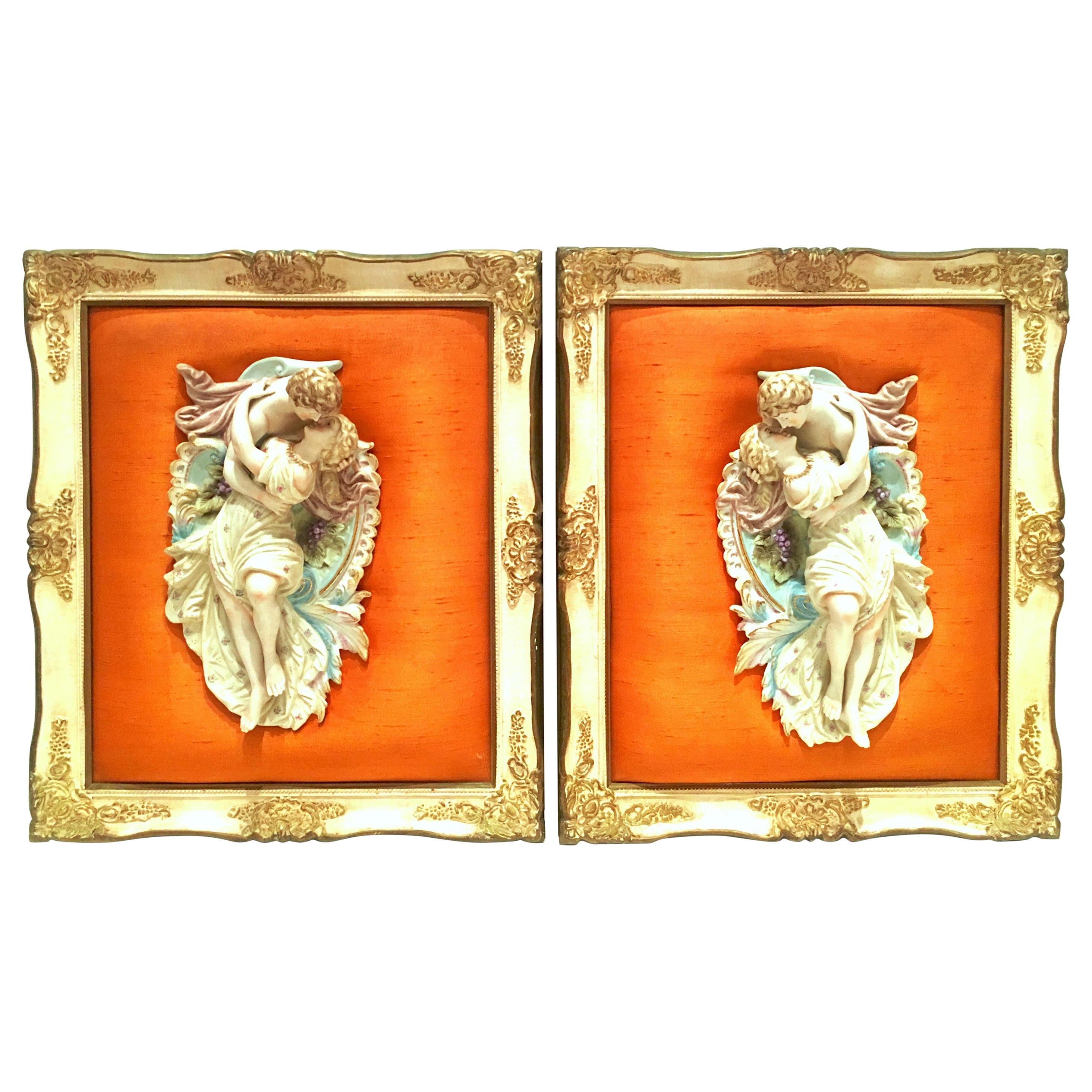 Mid-20th Century Pair of Porcelain Bisque Mounted Sculptural Wall Hangings For Sale