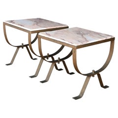 Mid 20th Century pair of Rosso Alicante marble side tables on gilt iron bases