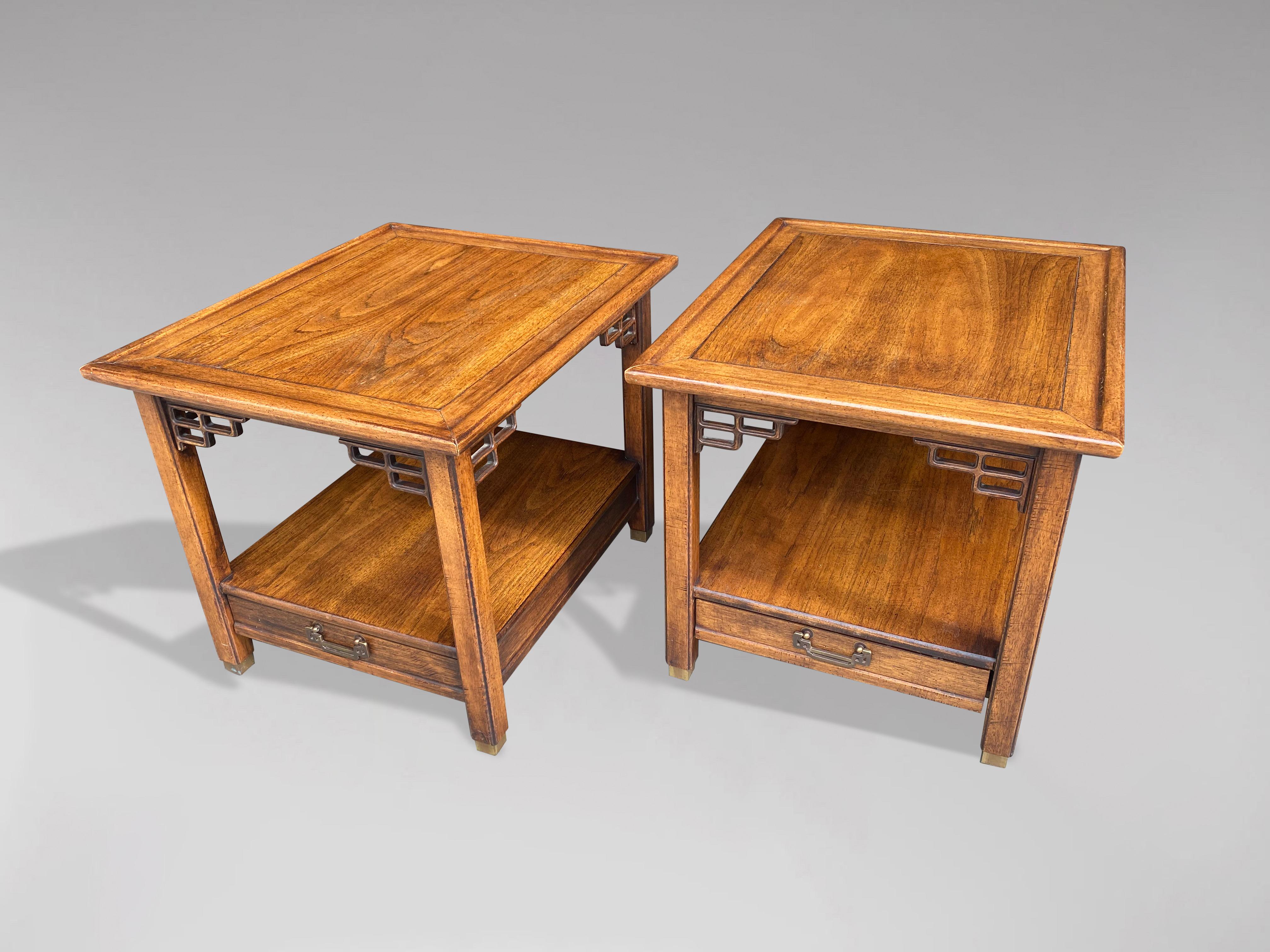 Brass Mid-20th Century Pair of Side Tables in Elm