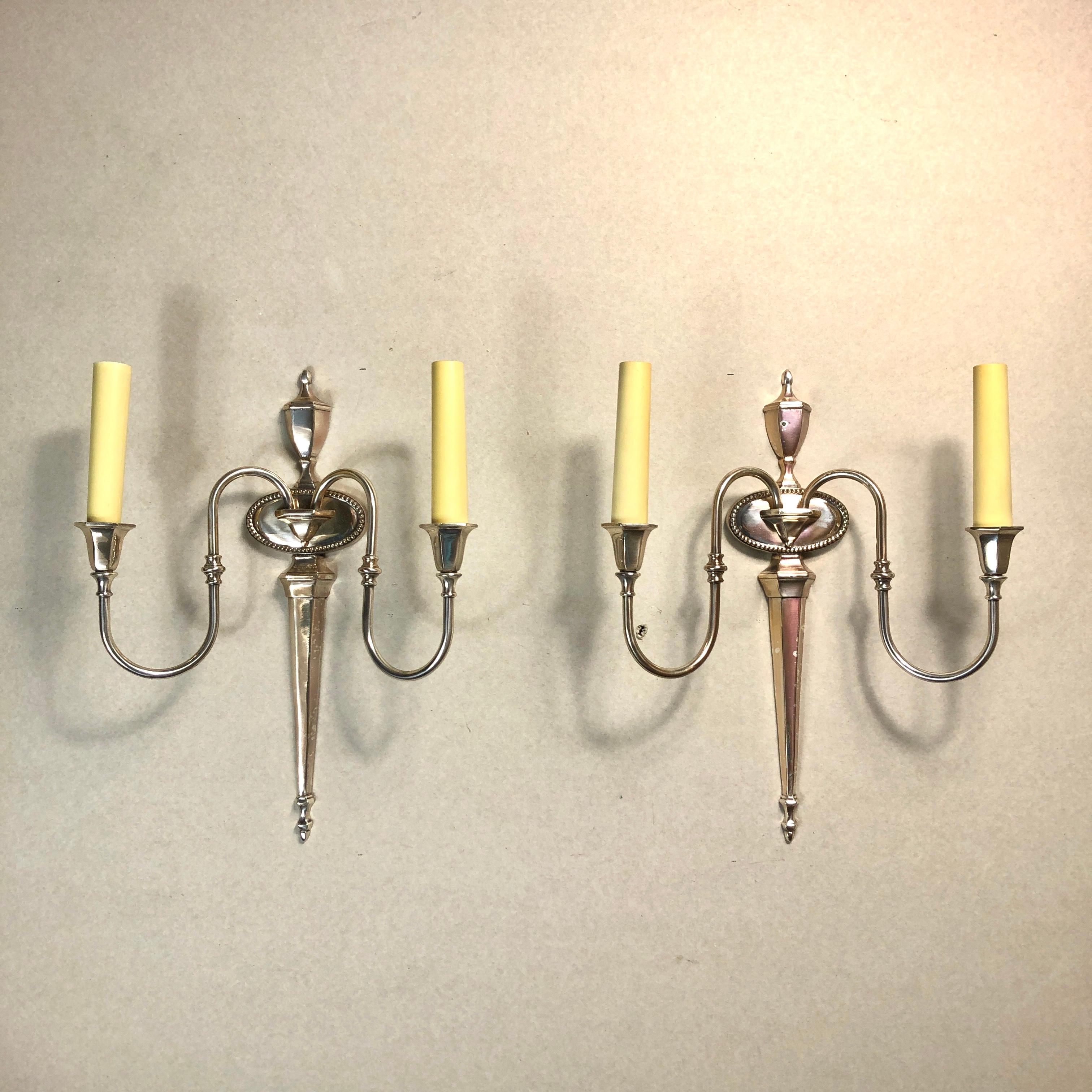 Mid 20th Century Pair of Silver Over Bronze Federal Style Two-Arm Sconce For Sale 4