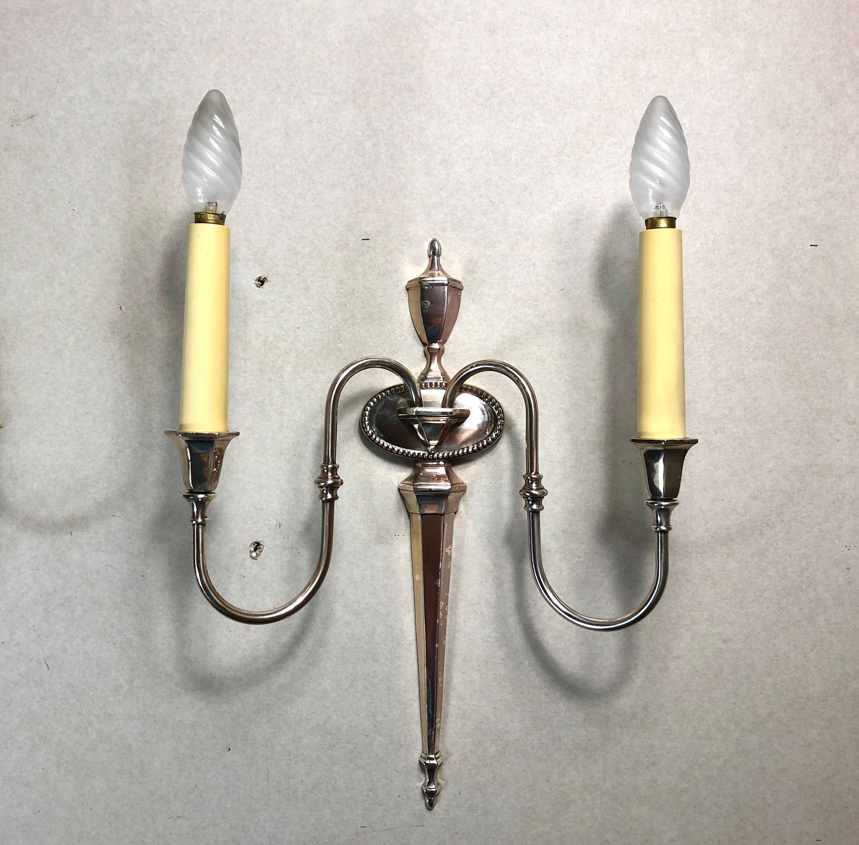 Neoclassical Mid 20th Century Pair of Silver Over Bronze Federal Style Two-Arm Sconce For Sale