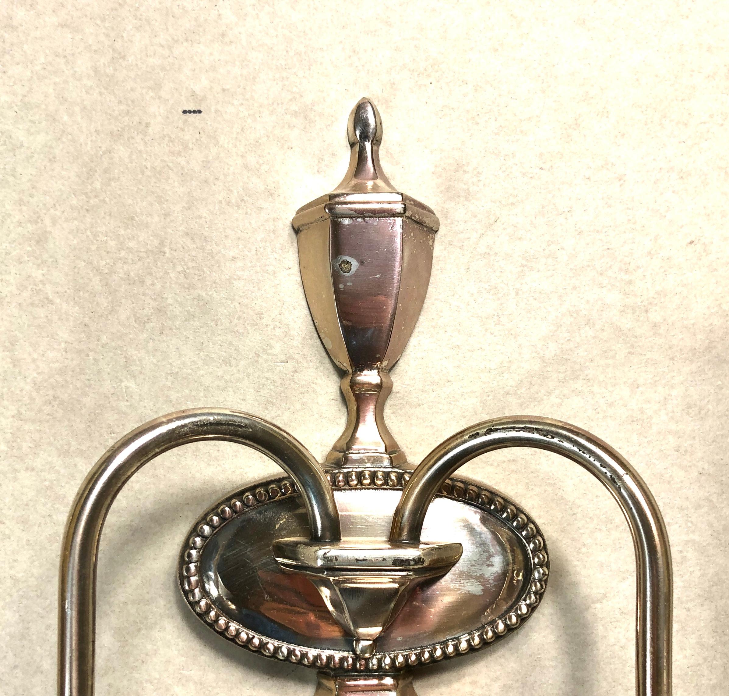 French Mid 20th Century Pair of Silver Over Bronze Federal Style Two-Arm Sconce For Sale