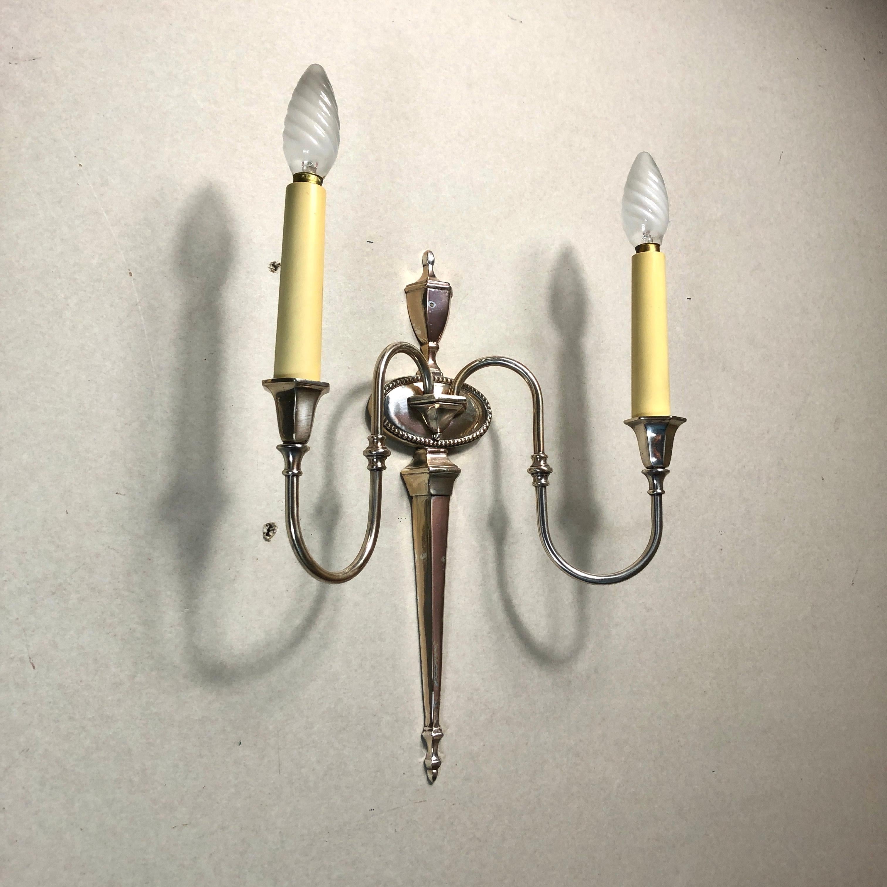 Mid-20th Century Mid 20th Century Pair of Silver Over Bronze Federal Style Two-Arm Sconce For Sale