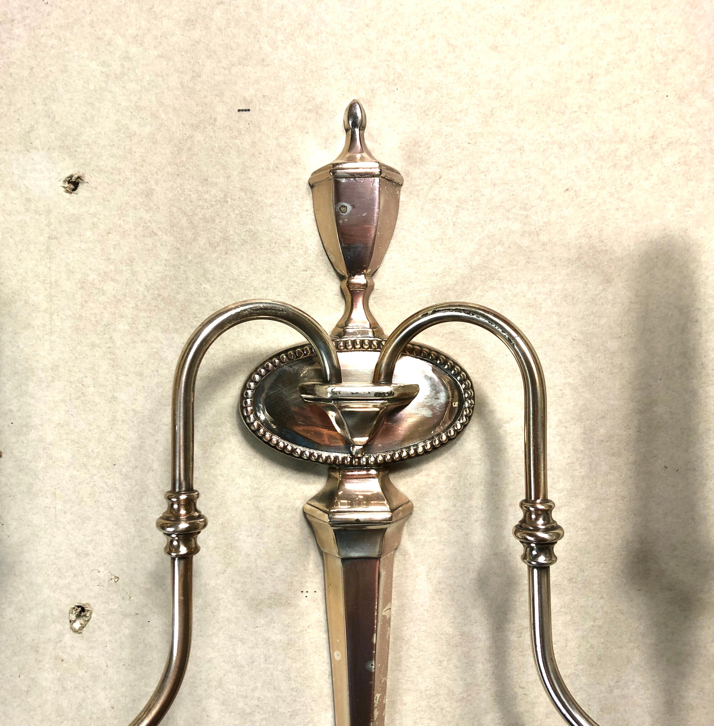 Mid 20th Century Pair of Silver Over Bronze Federal Style Two-Arm Sconce For Sale 3
