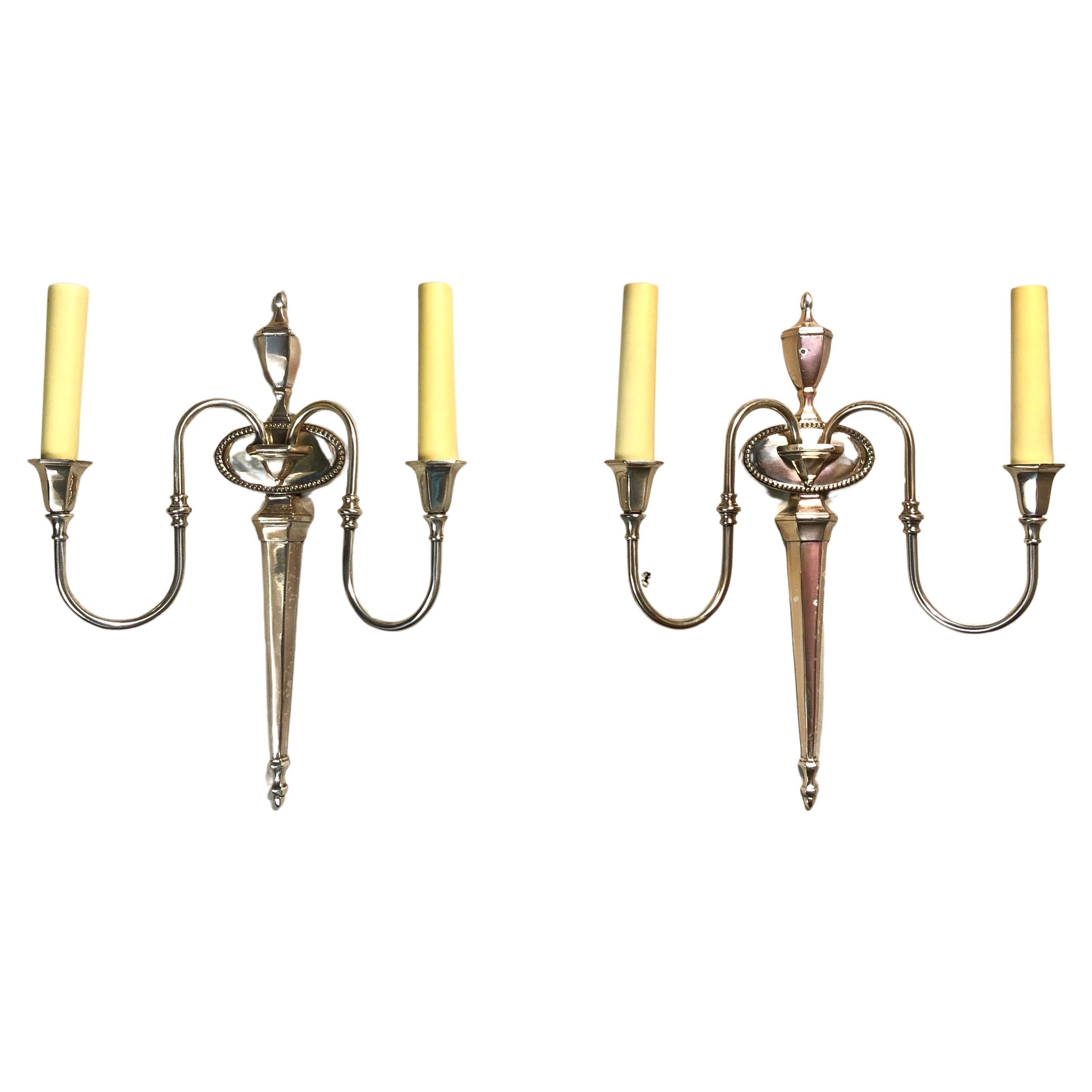 Mid 20th Century Pair of Silver Over Bronze Federal Style Two-Arm Sconce