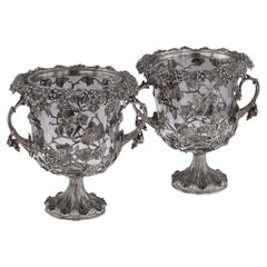 Mid 20th Century Pair Of Solid Silver Wine Coolers With Glass Inserts