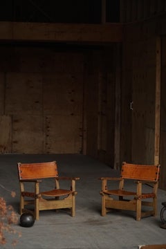 Mid 20th Century, Pair of Spanish Brutalist Armchairs, Wood & Leather, 1960s