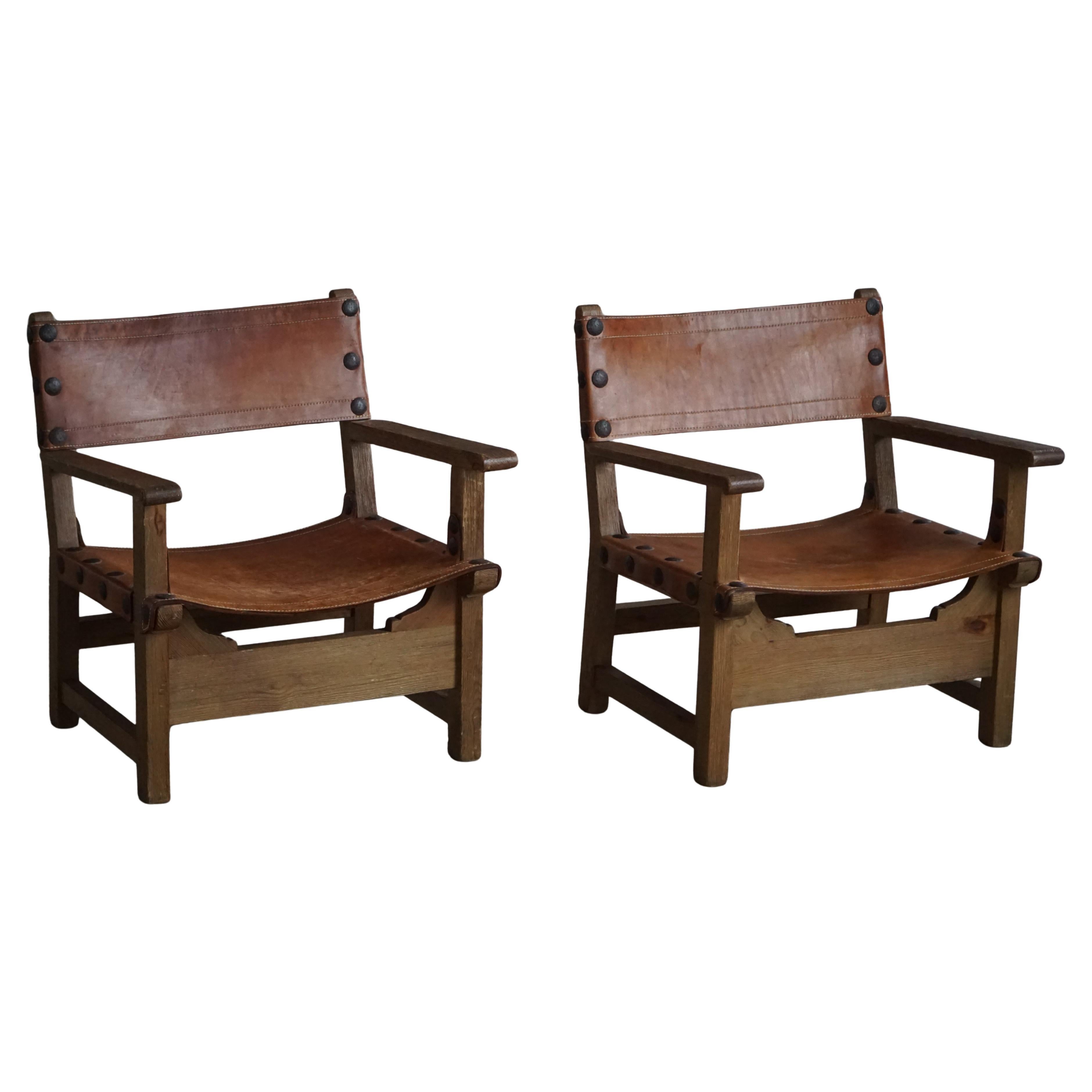 Mid 20th Century, Pair of Spanish Brutalist Armchairs, Wood
Leather, 1960s
