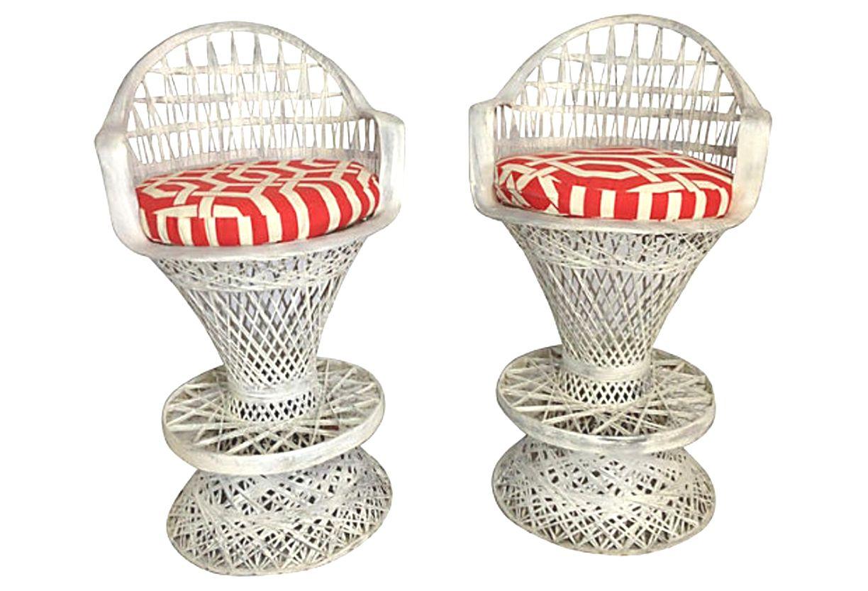 Mid-Century Pair of American Russell Woodard designed spun fiberglass bar stools. Features a deliberate shabby chic white with grey wash indoor/outdoor painted finish. Includes a pair of custom fabricated seat cushions. Seat cushions newly made with