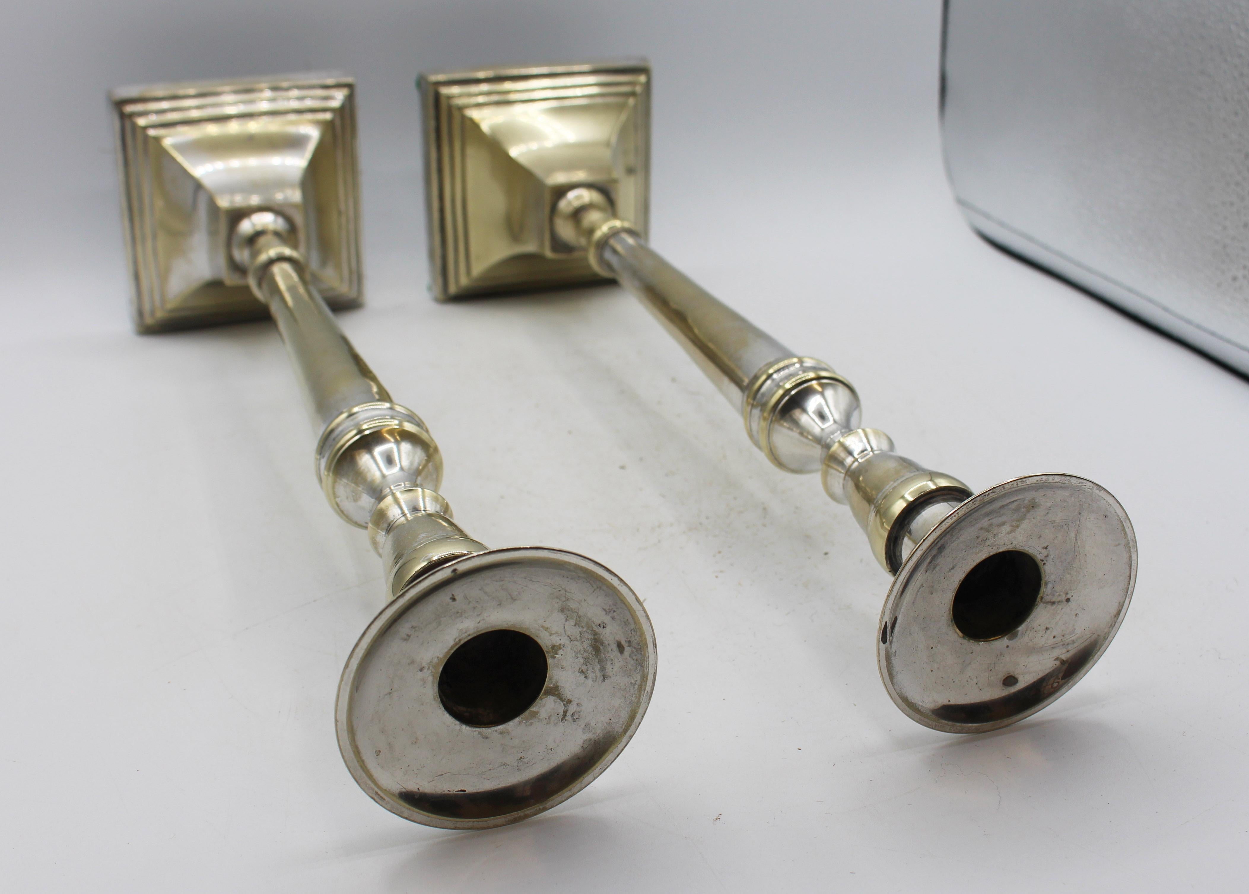 American Classical Mid-20th century Pair of Tall Silvered Brass Candlesticks For Sale