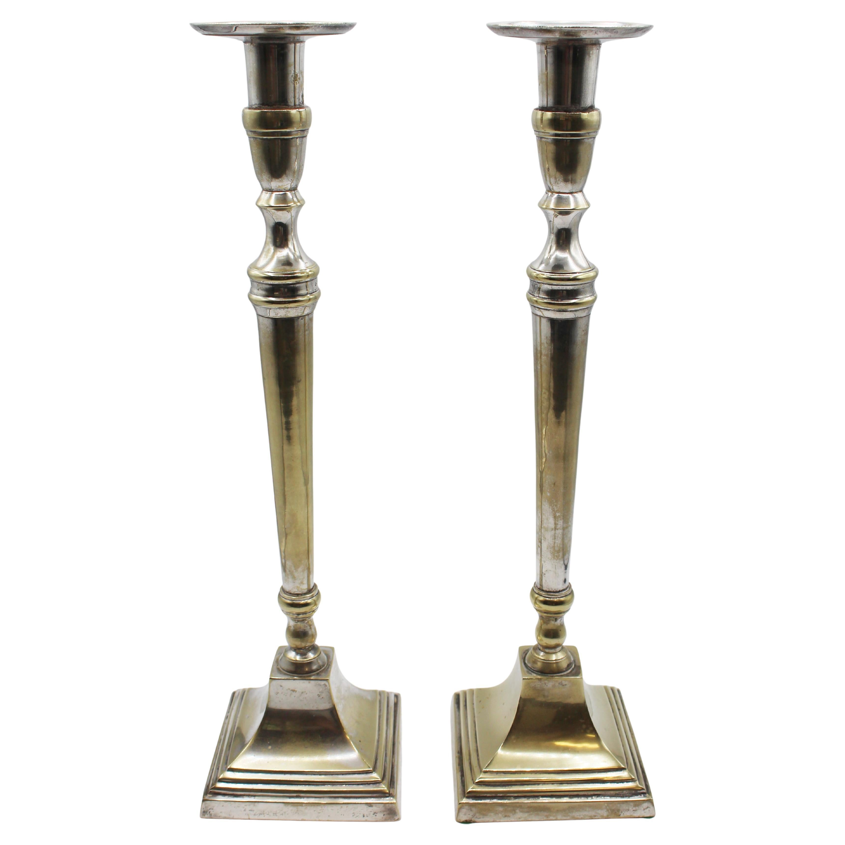 Mid-20th century Pair of Tall Silvered Brass Candlesticks For Sale