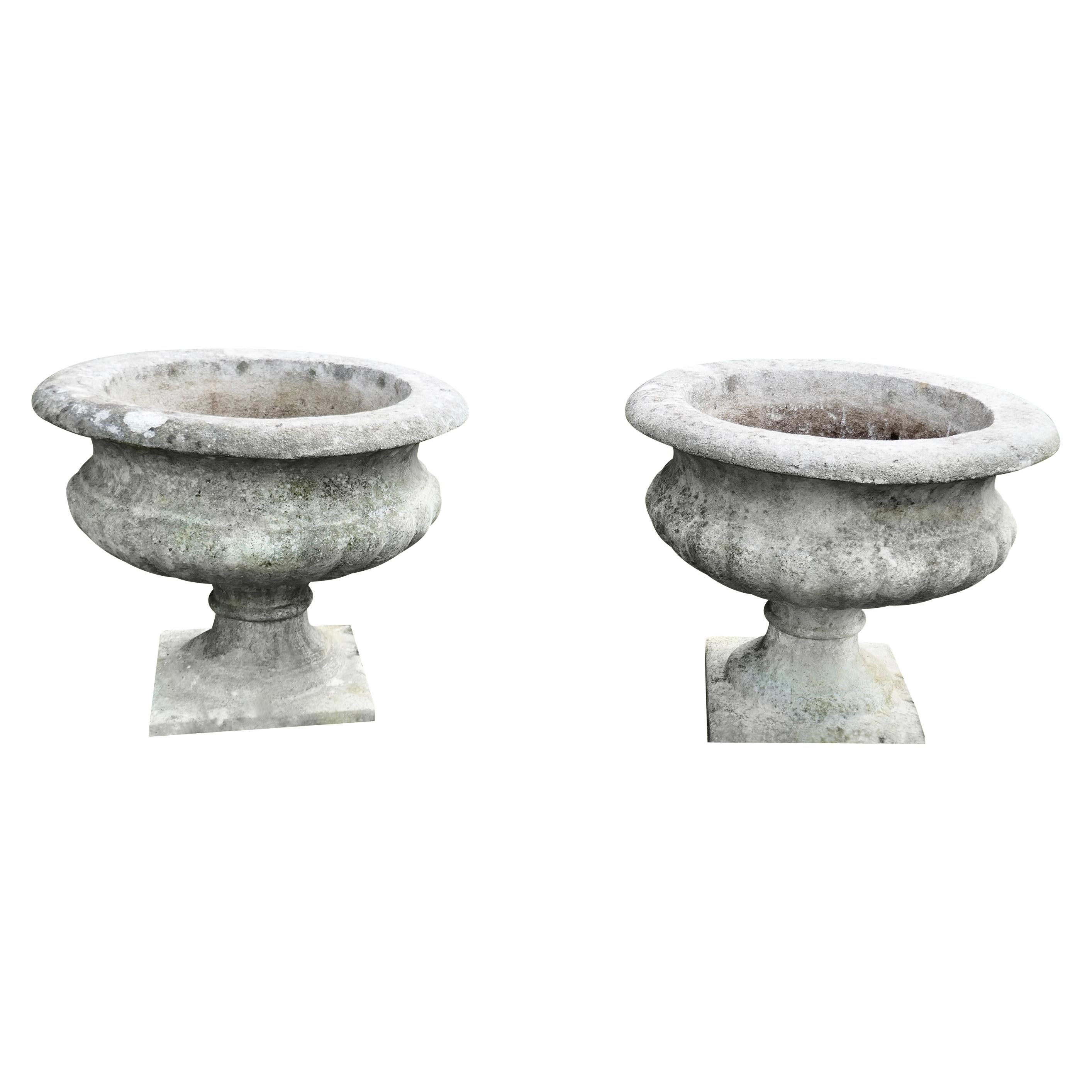 Mid 20th Century Pair of Weathered Cast Stone Garden Planters