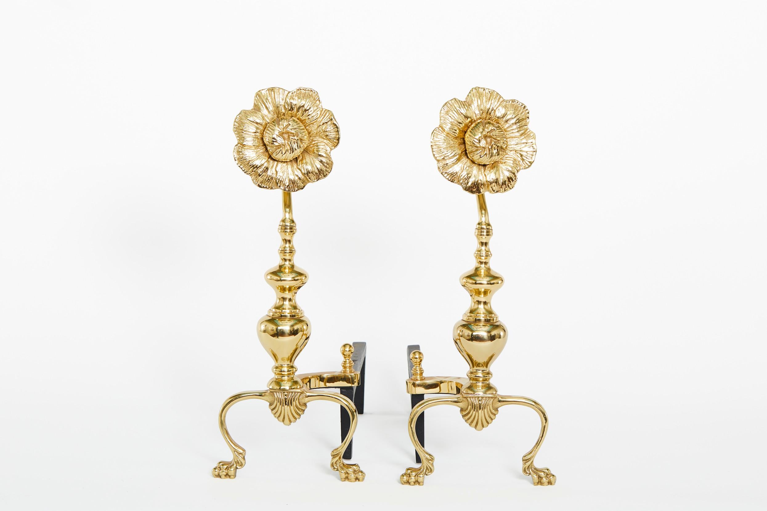 Mid 20th Century Pair Sunflower Brass Andirons 6