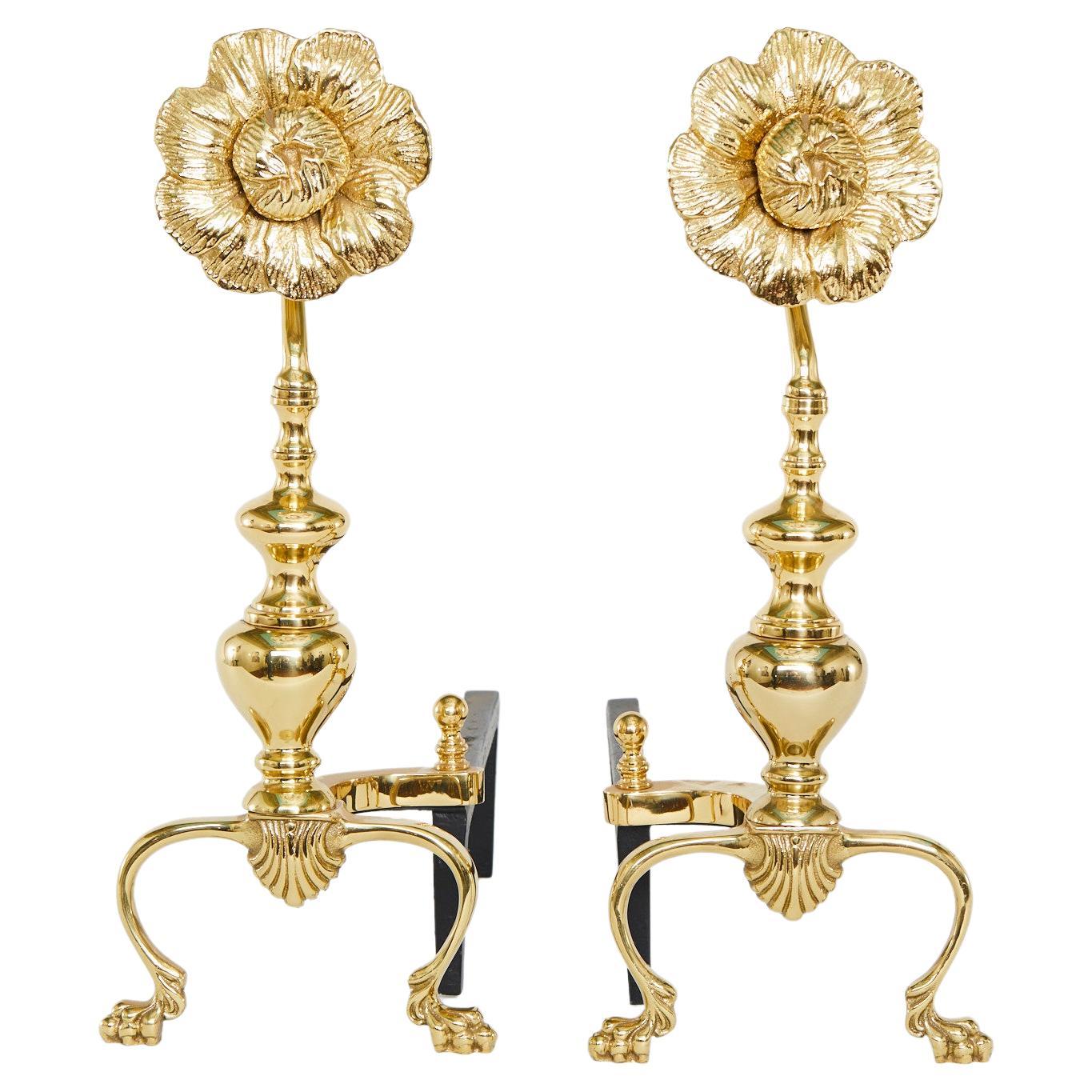 Mid 20th Century Pair Sunflower Brass Andirons