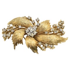 Retro Mid 20th Century Panetta Floral Leaf and Flower Crystal Gold Tone Brooch