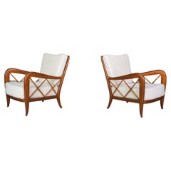 Mid-20th Century Paolo Buffa walnut and bouclé fabric armchairs Set/2 Italy 1950