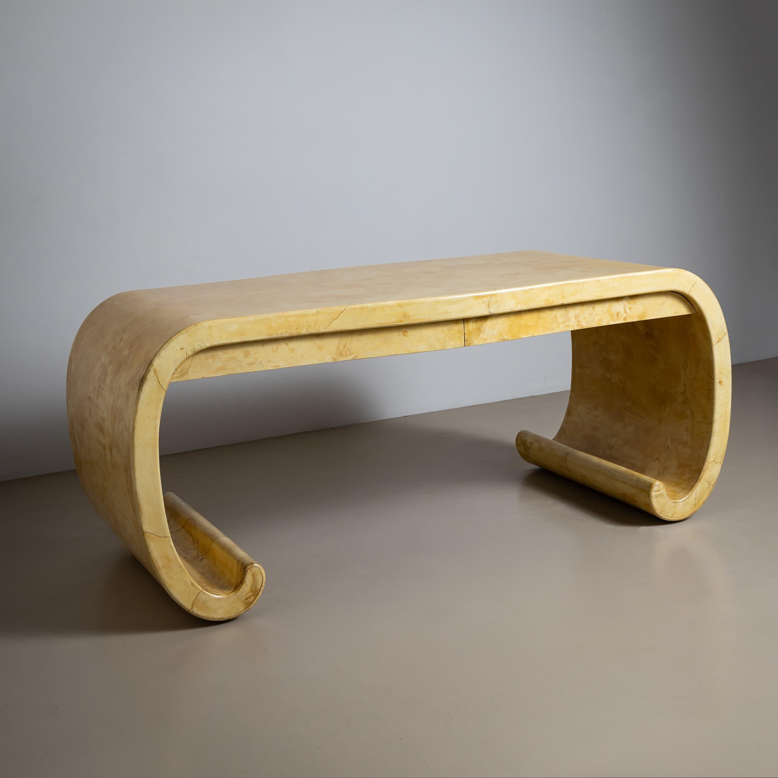 Polished Mid-20th Century Parchment-Covered Desk, Likely France For Sale