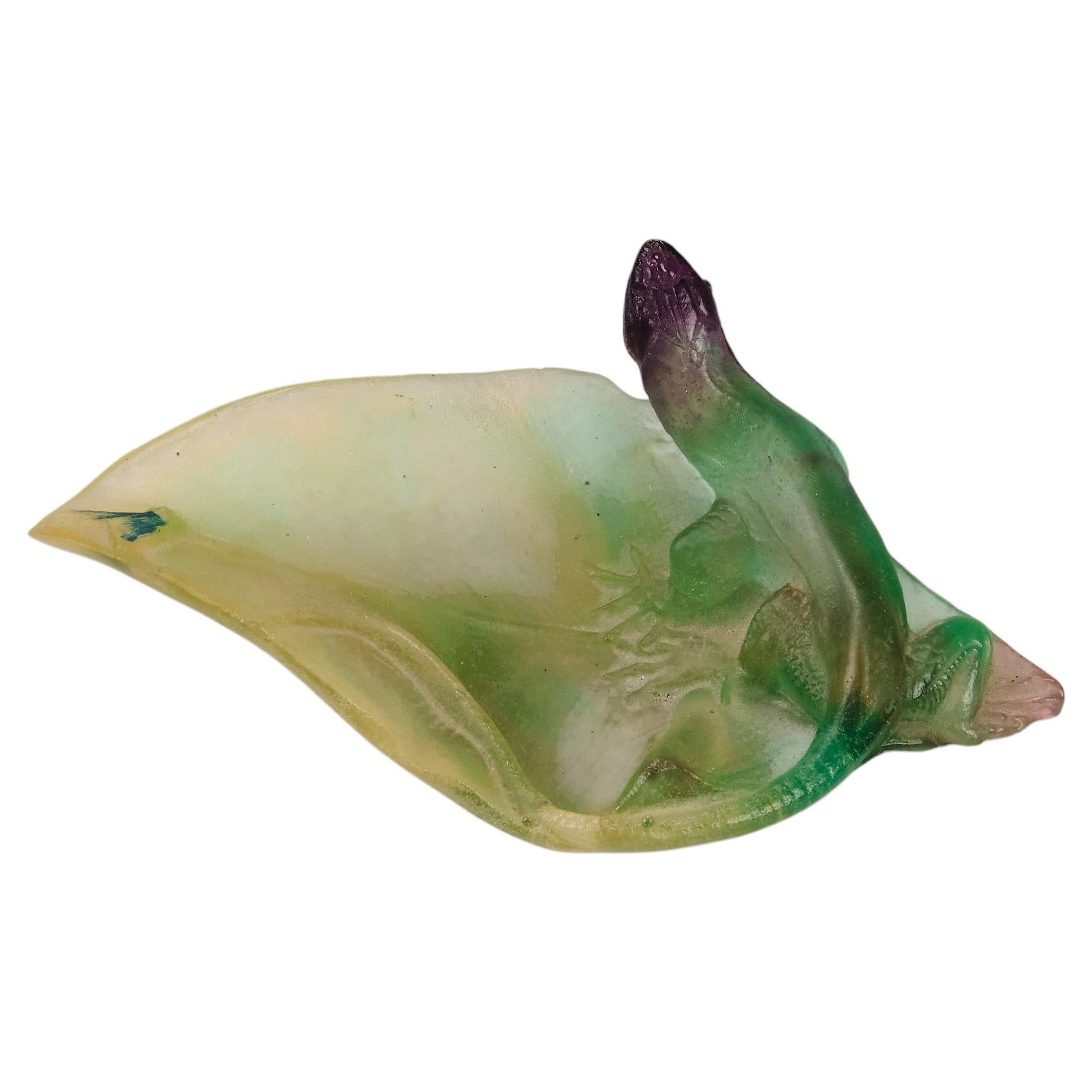 Mid 20th Century Pate de Verre Glass "Lizard with Moth Vide Poche" by Daum