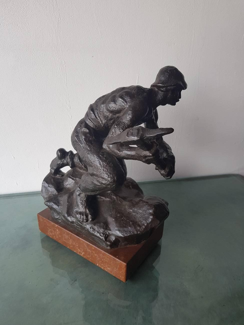 Russian Mid-20th Century Patinated Bronze Miner Signed Fojitk For Sale