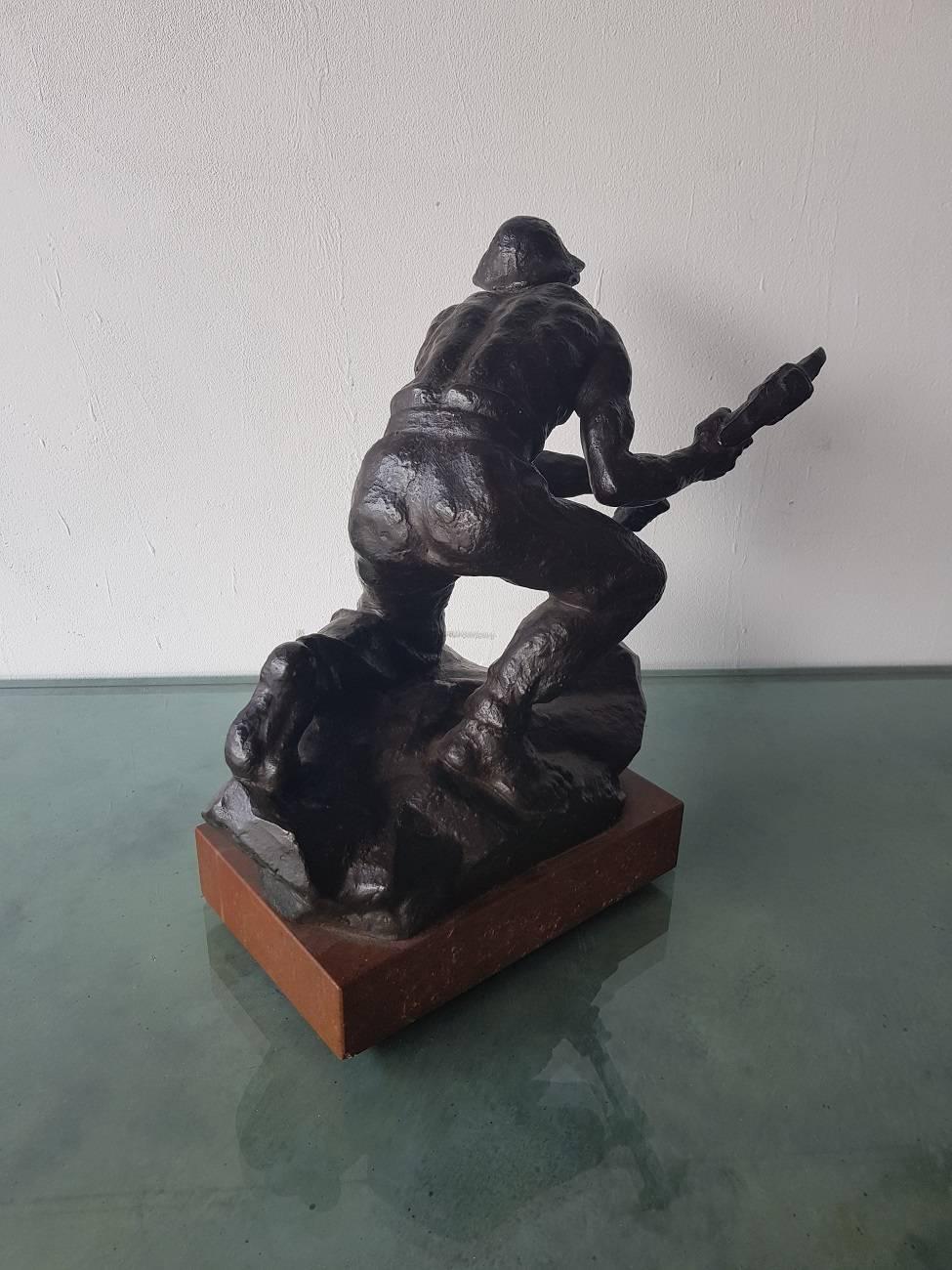 Hand-Crafted Mid-20th Century Patinated Bronze Miner Signed Fojitk For Sale