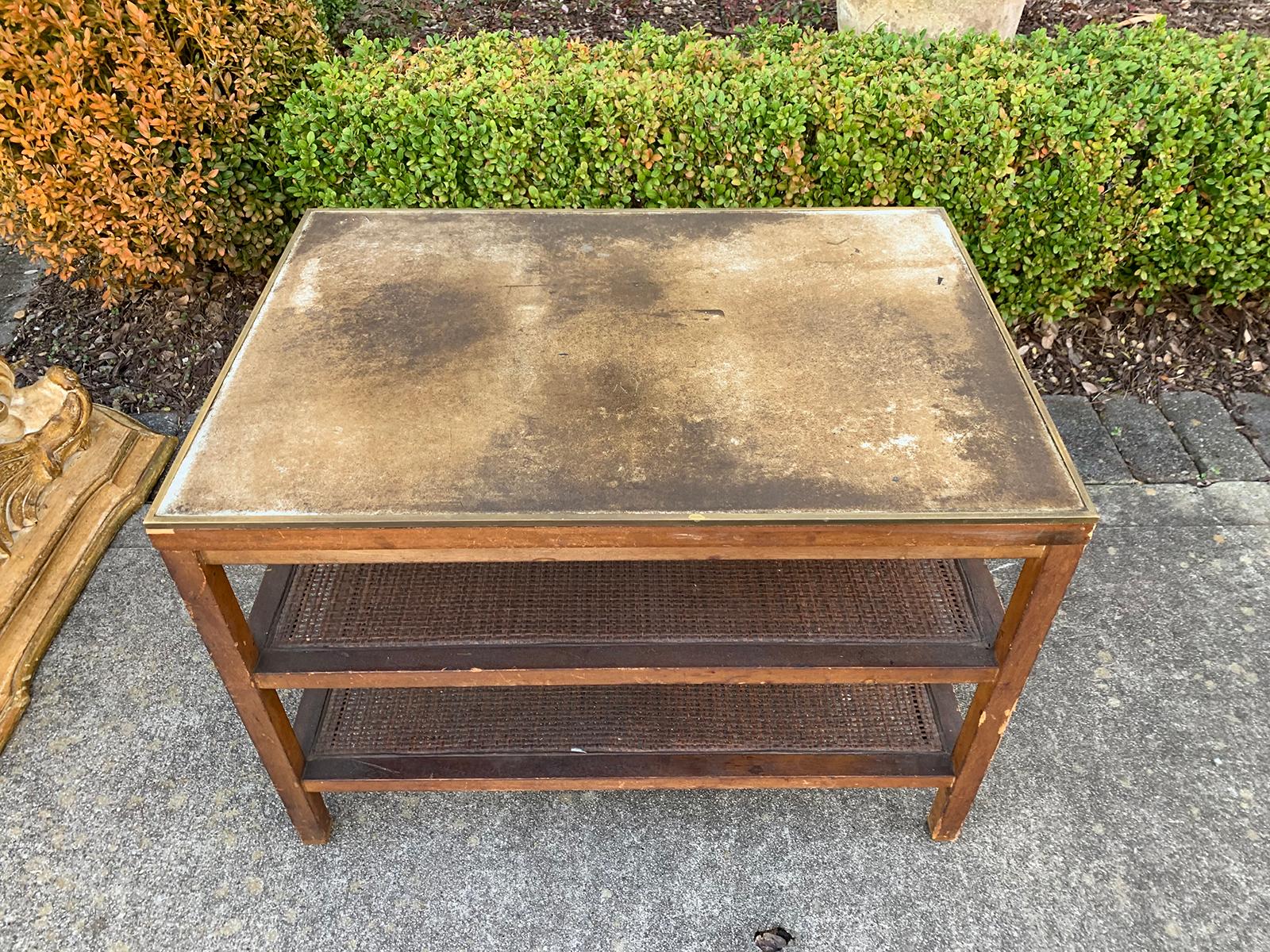 Mid-Century Modern Mid-20th Century Paul McCobb Three-Tier Table, Leather Top, Cane Shelves, Marked For Sale